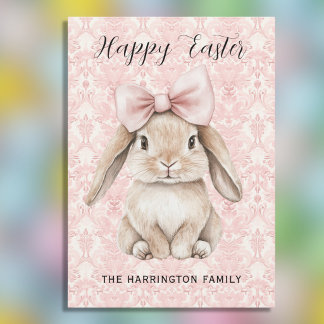 Cartes Pour Fêtes Annuelles Lapin de Pâques heureux avec un nœud sur fond dama