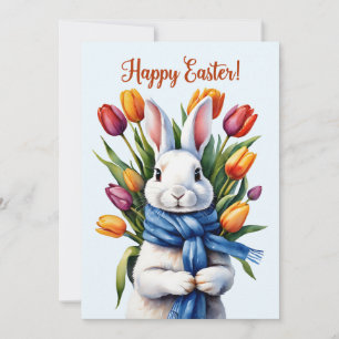 Cartes Pour Fêtes Annuelles Lapin de Pâques heureux et fleurs de tulipes 