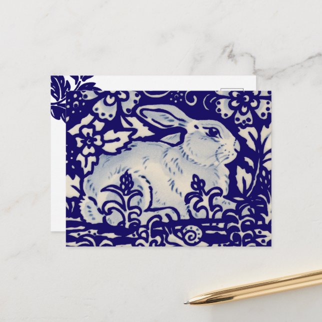 Cartes Pour Fêtes Annuelles Lapin de Pâques Lapin Artistique Bleu Blanc Floral (Devant/Arrière en situation)