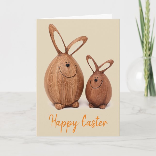 Cartes Pour Fêtes Annuelles Lapin de Pâques mignon en bois (Devant)