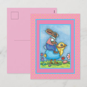 CARTES POUR FÊTES ANNUELLES LAPIN DE PÂQUES MONTE UN PETIT POUSSIN DANS UN OEU