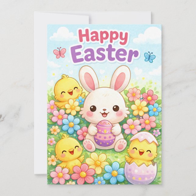 Cartes Pour Fêtes Annuelles Lapin de Pâques & Poussins mignons | Joyeuses Pâqu (Devant)