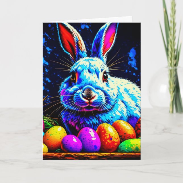 Cartes Pour Fêtes Annuelles Lapin de Pâques psychédélique avec des oeufs (Devant)