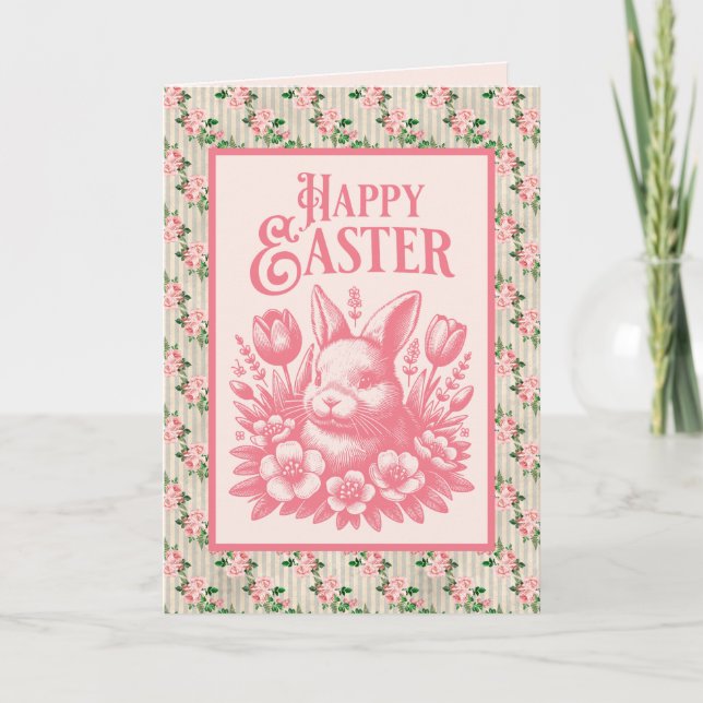 Cartes Pour Fêtes Annuelles Lapin de Pâques Rose Ancien (Devant)