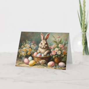 Cartes Pour Fêtes Annuelles Lapin de Pâques vintage avec oeufs de Pâques et fl