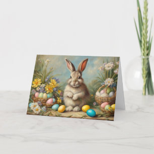 Cartes Pour Fêtes Annuelles Lapin de Pâques vintage avec Paniers de Pâques, Fl