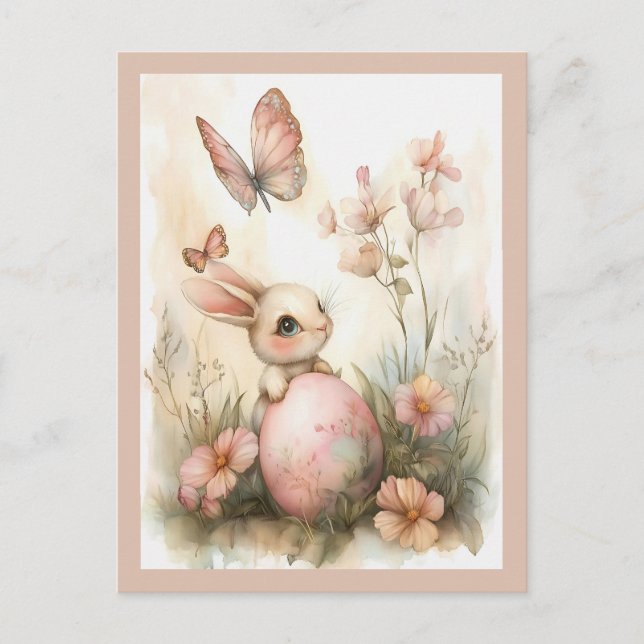 Cartes Pour Fêtes Annuelles Lapin de Pâques Whimsical avec Papillons Blush ros (Devant)