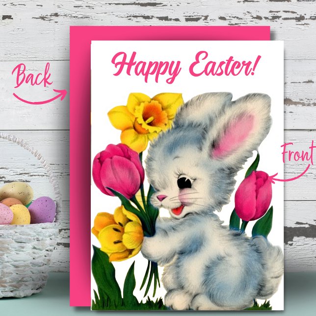 Cartes Pour Fêtes Annuelles Lapin En Fleurs Joyeux Pâques Personnalisé Retro (Bunny In Flowers Happy Easter Custom Retro Holiday Card. Add your name and/or a special message!)