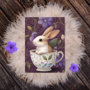 Cartes Pour Fêtes Annuelles Lapin en Teacup Floral avec Fleurs violettes