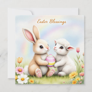 Cartes Pour Fêtes Annuelles Lapin et agneau de Pâques partageant un oeuf 2