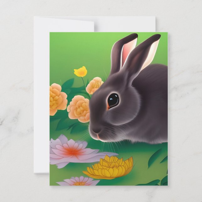 Cartes Pour Fêtes Annuelles Lapin et Fleurs (Devant)