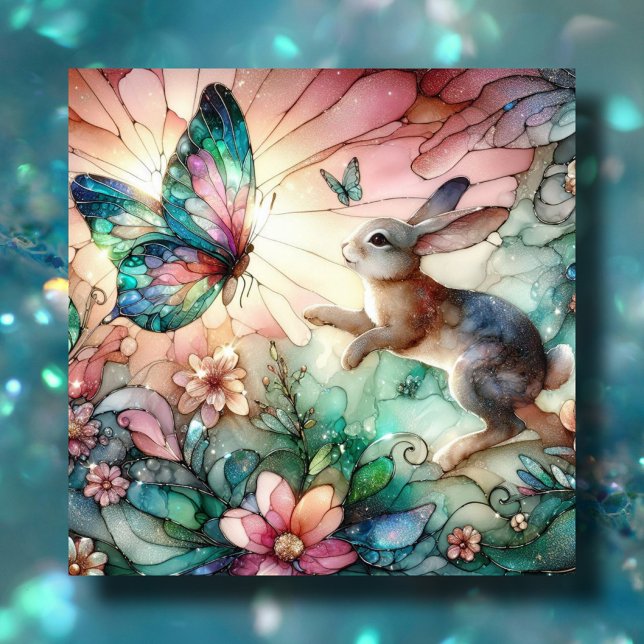 Cartes Pour Fêtes Annuelles Lapin Et Papillon En Verre Vitré Chrétien Pâques (Créateur téléchargé)