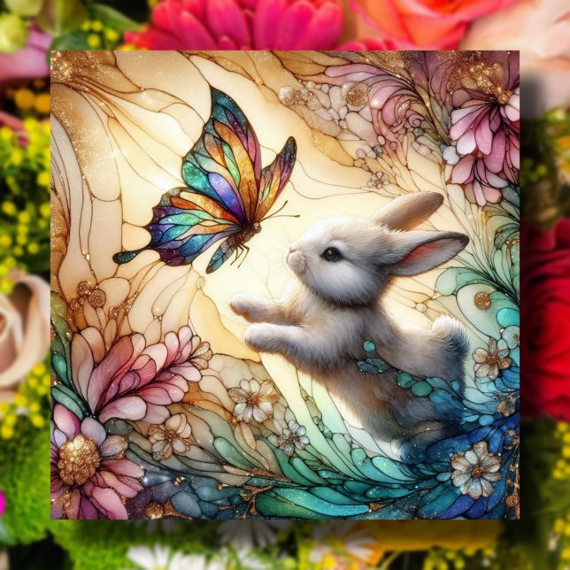 Cartes Pour Fêtes Annuelles Lapin Et Papillons En Verre Tiré Pâques (Créateur téléchargé)