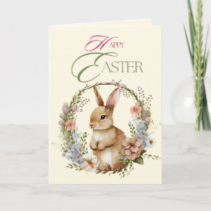 Cartes Pour Fêtes Annuelles Lapin Floral Couronne de Pâques Aquarelle Mignon