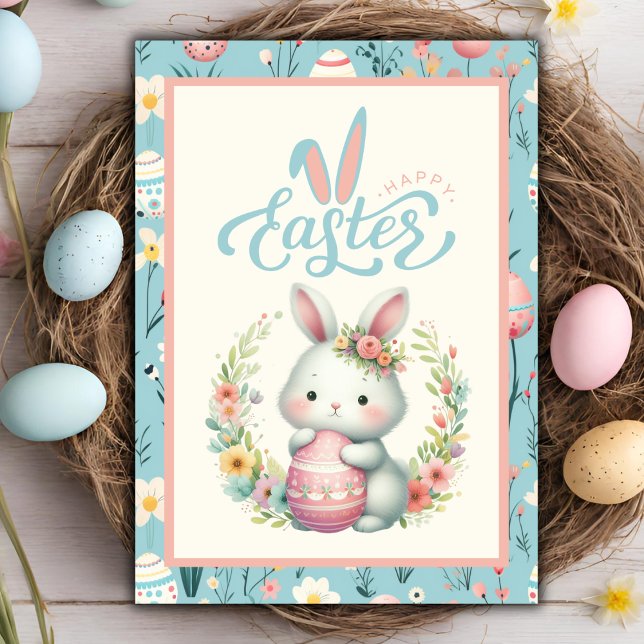 Cartes Pour Fêtes Annuelles Lapin Floral Doux Avec Oeuf Joyeux Pâques Personna (Sweet Floral Bunny With Egg Happy Easter Custom Holiday Card)