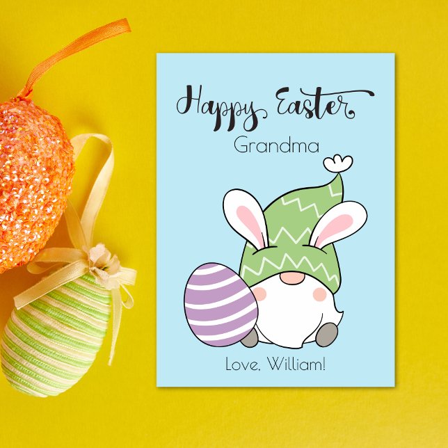 Cartes Pour Fêtes Annuelles Lapin Gnome Avec Oeuf De Pâques Joyeux Script De P (Créateur téléchargé)