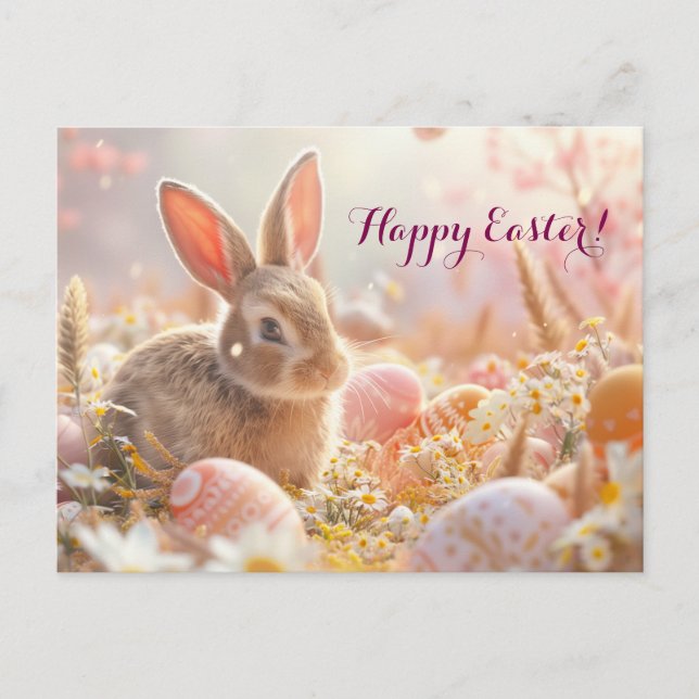 Cartes Pour Fêtes Annuelles lapin mignon avec des fleurs et des oeufs en fleur (Devant)