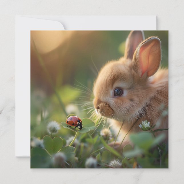 Cartes Pour Fêtes Annuelles Lapin mignon et coccinelle dans le champ vert (Devant)