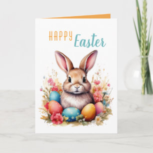 Cartes Pour Fêtes Annuelles Lapin Mignon Œufs Colorés Fleurs Joyeuses Pâques