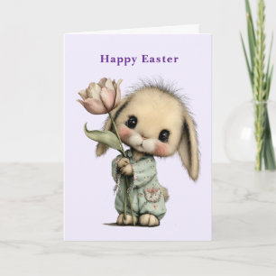 Cartes Pour Fêtes Annuelles Lapin mignon tenant une tulipe de Pâques