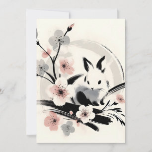 Cartes Pour Fêtes Annuelles Lapin minimaliste encre Zen Cerisier en Fleurs