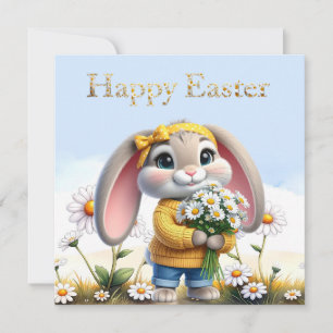 Cartes Pour Fêtes Annuelles Lapin oreilles roses marguerites blanches Joyeuses