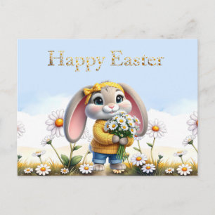 Cartes Pour Fêtes Annuelles Lapin oreilles roses marguerites blanches Joyeuses