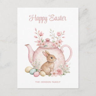 Cartes Pour Fêtes Annuelles Lapin personnalisé et théière florale rose Joyeuse