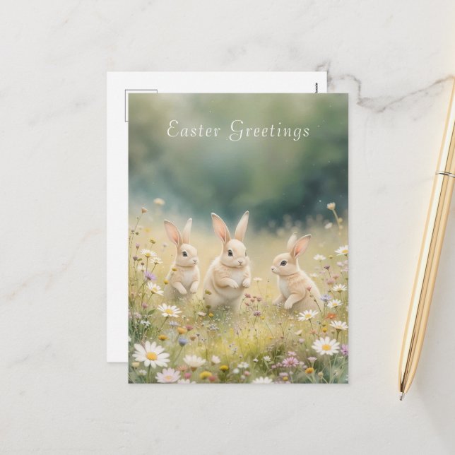 Cartes Pour Fêtes Annuelles Lapin printanier de la prairie de Pâques (Devant/Arrière en situation)