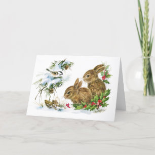 Cartes Pour Fêtes Annuelles Lapin Rétro et Oiseaux Noël d'Hiver