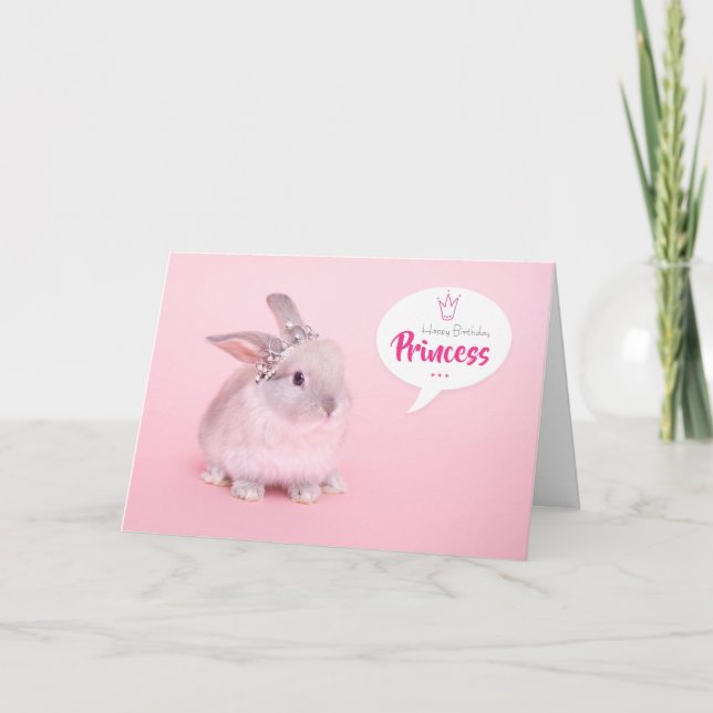 Cartes Pour Fêtes Annuelles Lapin rose avec couronne - Bonne princesse d'anniv (Devant)