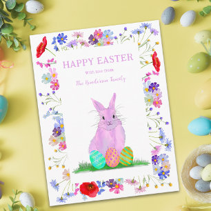 Cartes Pour Fêtes Annuelles Lapin rose de Pâques personnalisé avec fleurs prin