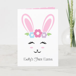Cartes Pour Fêtes Annuelles Lapin Rose Visage Bébé Fille Points de Pâques Prem