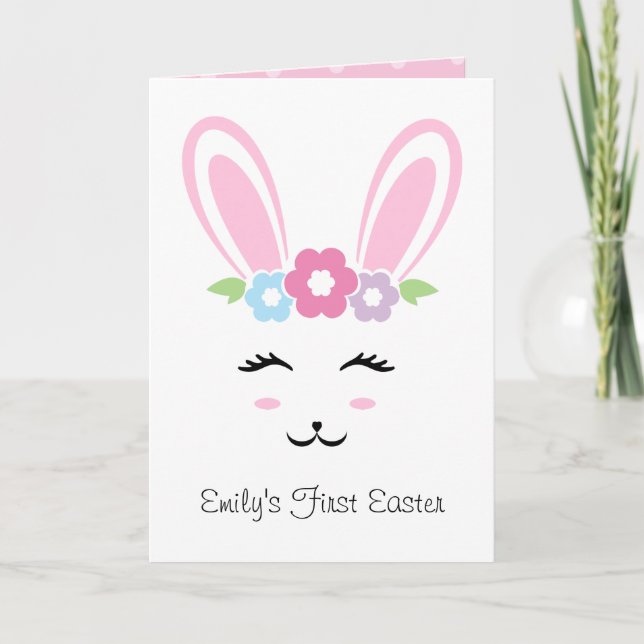 Cartes Pour Fêtes Annuelles Lapin Rose Visage Bébé Fille Pois première Pâques (Devant)