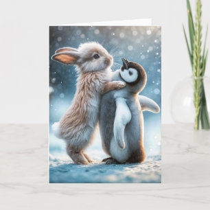 Cartes Pour Fêtes Annuelles Lapin serrant un pingouin