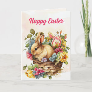 Cartes Pour Fêtes Annuelles Lapin Vintage Panier Fleurs Roses Jaunes Pâques