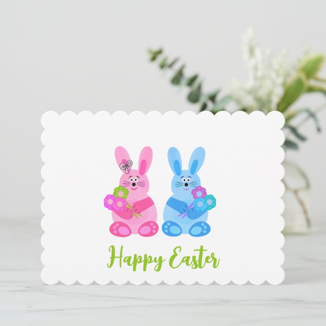 Cartes Pour Fêtes Annuelles Lapins avec des fleurs (Debout devant)