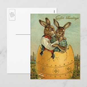 Cartes Pour Fêtes Annuelles Lapins dans un œuf d'or, Pâques victorienne vintag