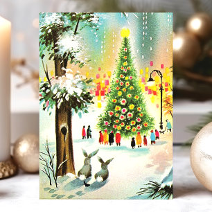 Cartes Pour Fêtes Annuelles Lapins de neige vintage scène d'arbre de Noël
