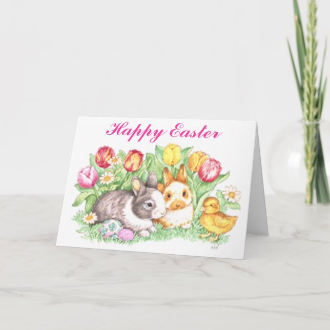 Cartes Pour Fêtes Annuelles Lapins de Pâques, canards et tulipes (Devant)