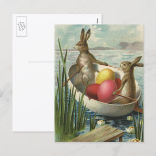 Cartes Pour Fêtes Annuelles Lapins de Pâques vintage dans un bateau avec des œ