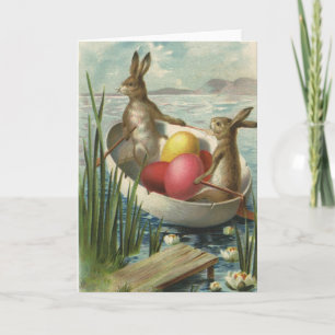 Cartes Pour Fêtes Annuelles Lapins de Pâques vintage dans un bateau avec des œ