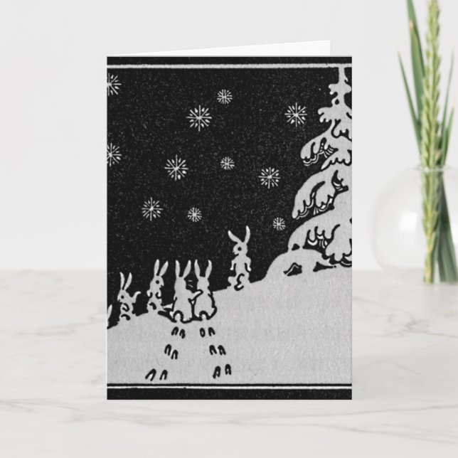 Cartes Pour Fêtes Annuelles Lapins et illustration d'hiver d'arbre de Noël (Devant)