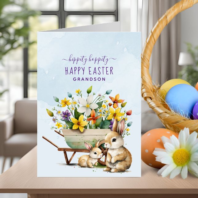 Cartes Pour Fêtes Annuelles Lapins mignons personnalisés petit-fils Pâques (Personalized Cute Bunnies Grandson Easter Holiday Card)