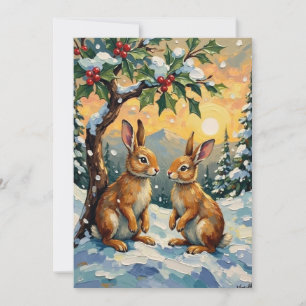 Cartes Pour Fêtes Annuelles Lapins Vintage sous l'arbre de houx Noël