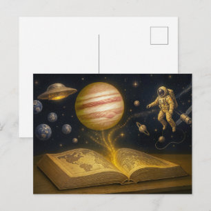 Cartes Pour Fêtes Annuelles L'astronaute flotte depuis un livre d'histoires co