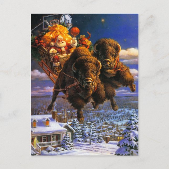 Cartes Pour Fêtes Annuelles Le bison tire le Père Noël (Devant)