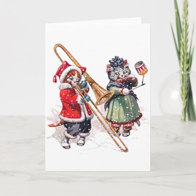 Cartes Pour Fêtes Annuelles Le chat joue le trombone dans la neige (Devant)