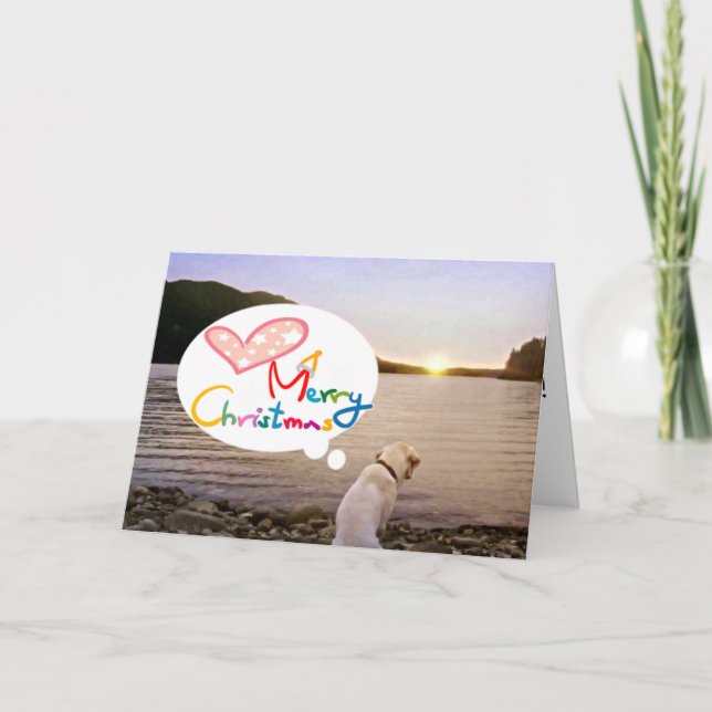 CARTES POUR FÊTES ANNUELLES LE CHIEN À LA PLAGE SOUHAITE UN "JOLI NOËL" (Devant)