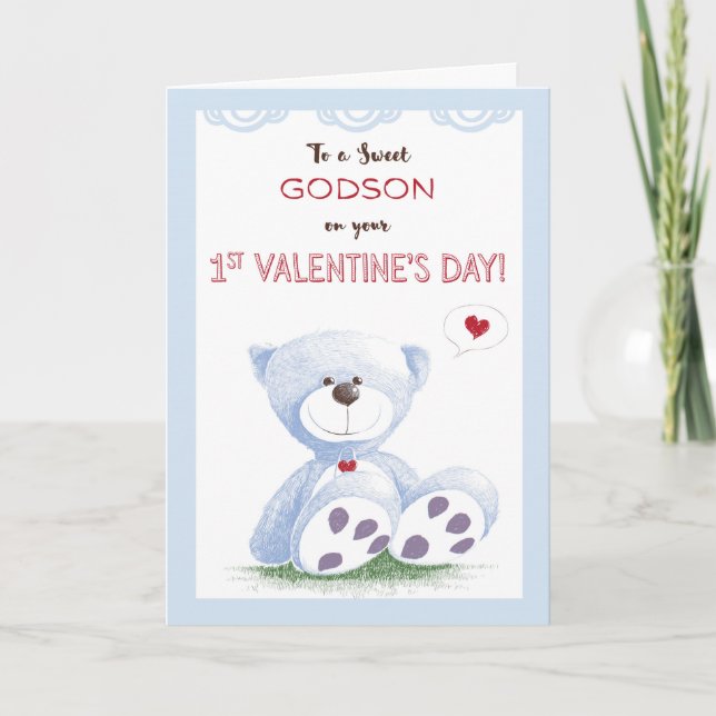 Cartes Pour Fêtes Annuelles Le filleul, la ?ère Saint-Valentin, nounours bleu (Devant)